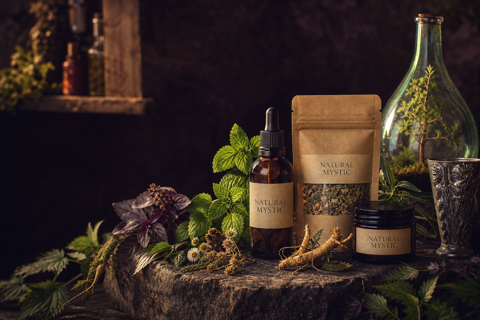 Natural Mystic tincture, herbal tea and balm with fresh botanicals